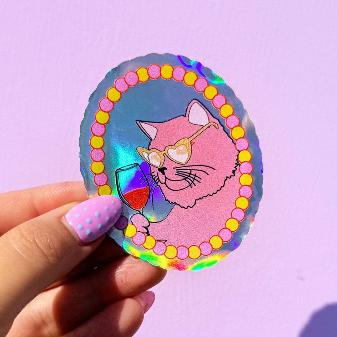 Cat Drinking Wine Holographic Sticker